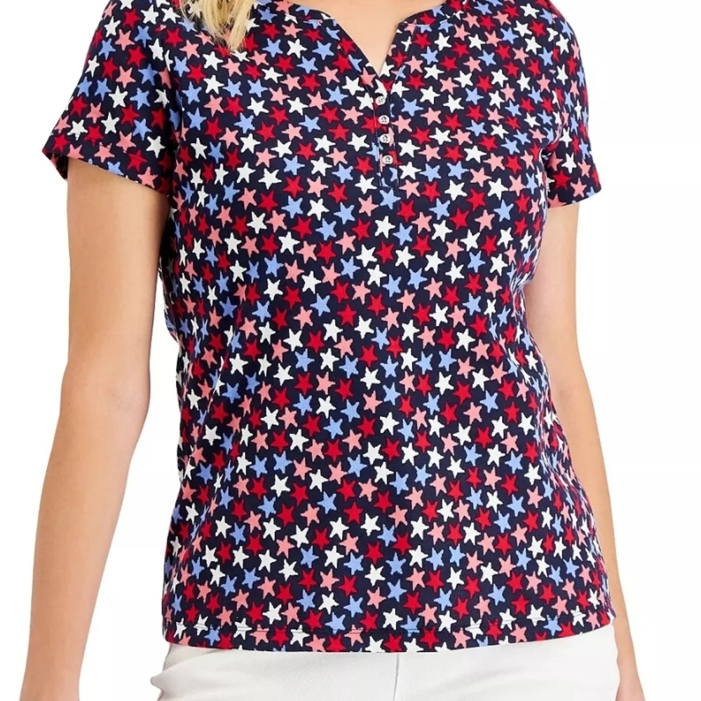 New Karen Scott Red and White Short Sleeve Polo Button Down Shirt S